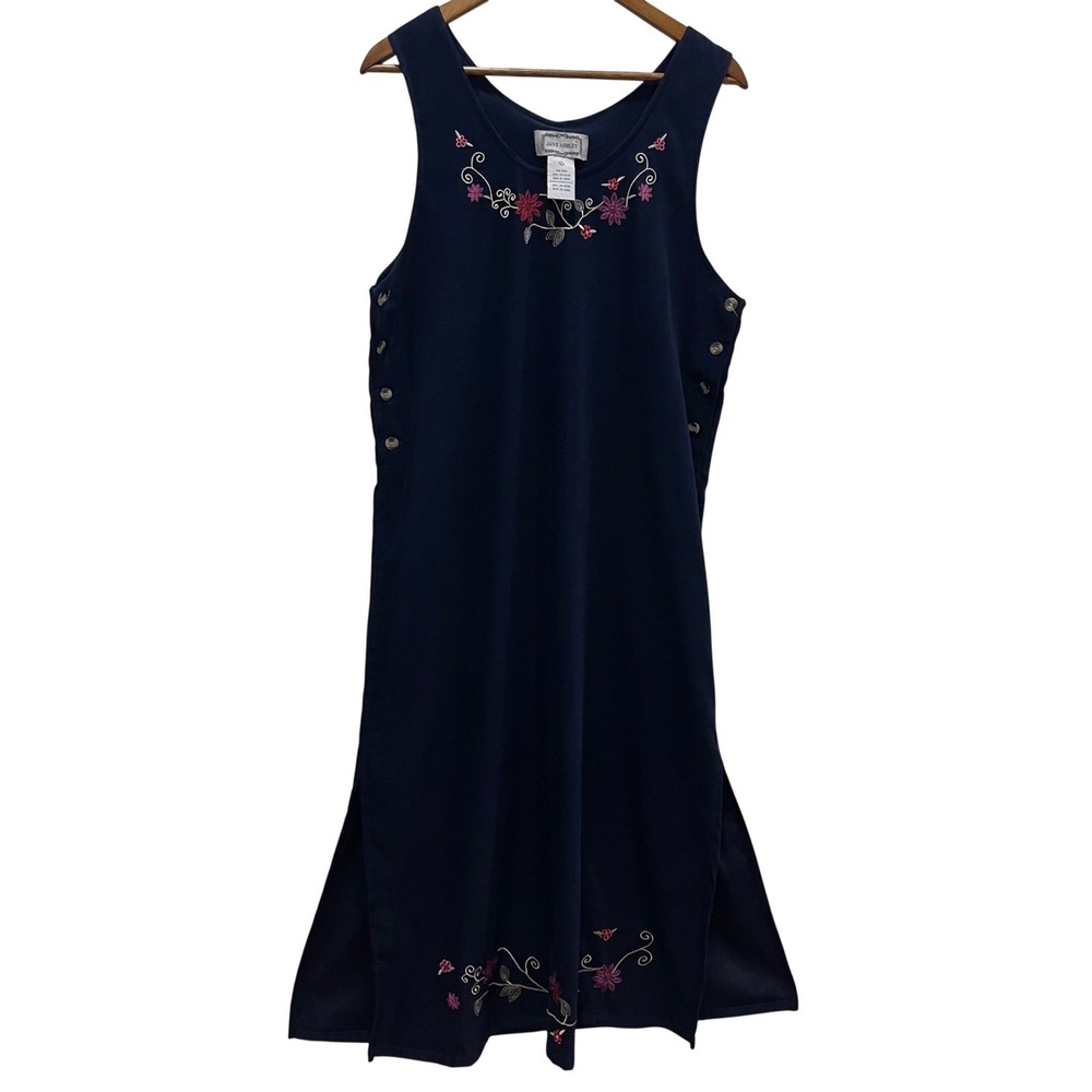 Jane Ashley Jumper Dress Womens Large Navy Blue Floral Embroidered Cottagecore